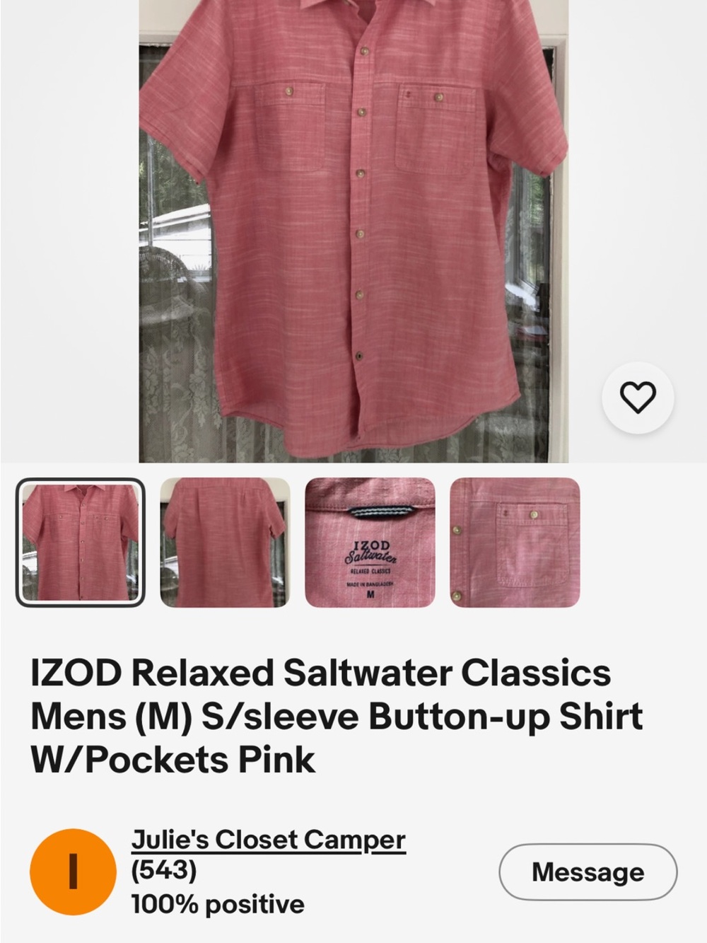 Izod Relaxed Short-Sleeve Button-Up Shirt in Dusty Pink